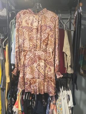 Fate Paisley Ruffle Mini Dress in Brown, Pink & Purple